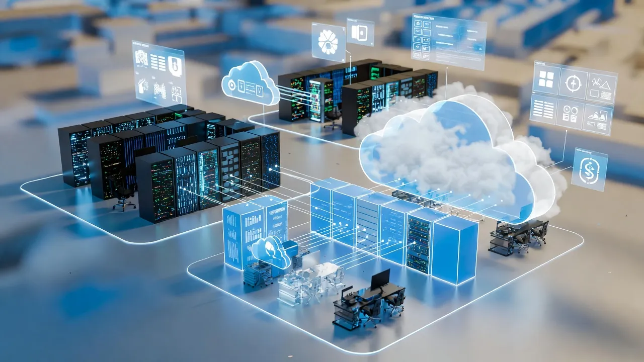 An isometric view of digital server racks connected to clouds and data processing icons.
