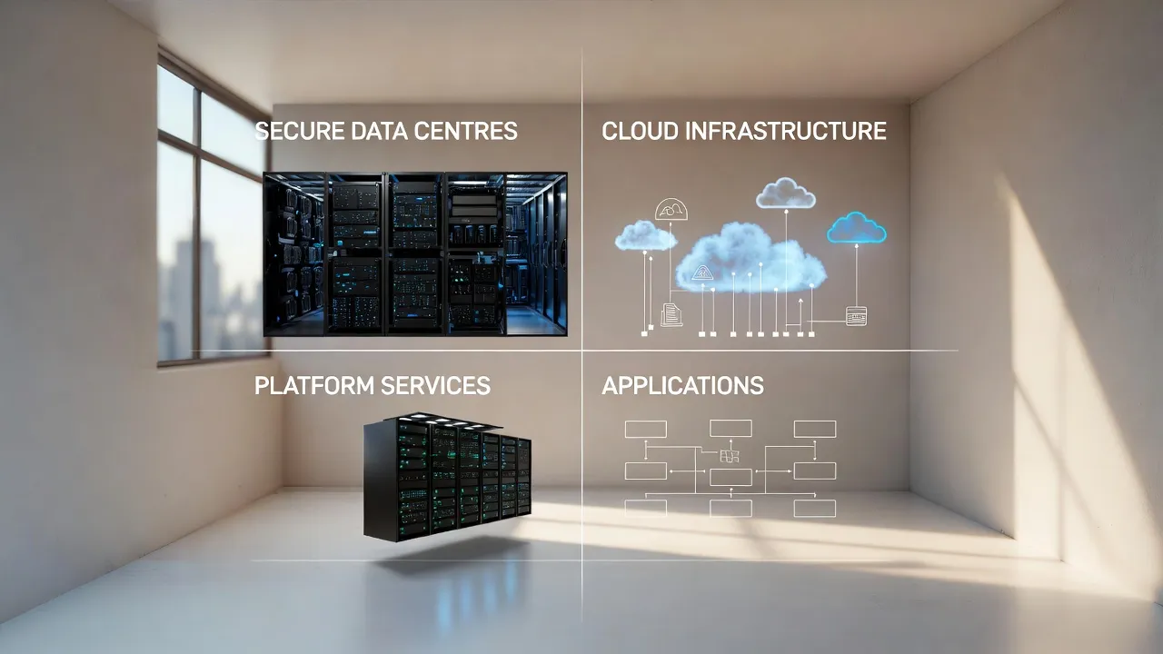 An infographic in a modern room layout divided into four quadrants: Secure Data Centres, Cloud Infrastructure, Platform Services, and Applications.