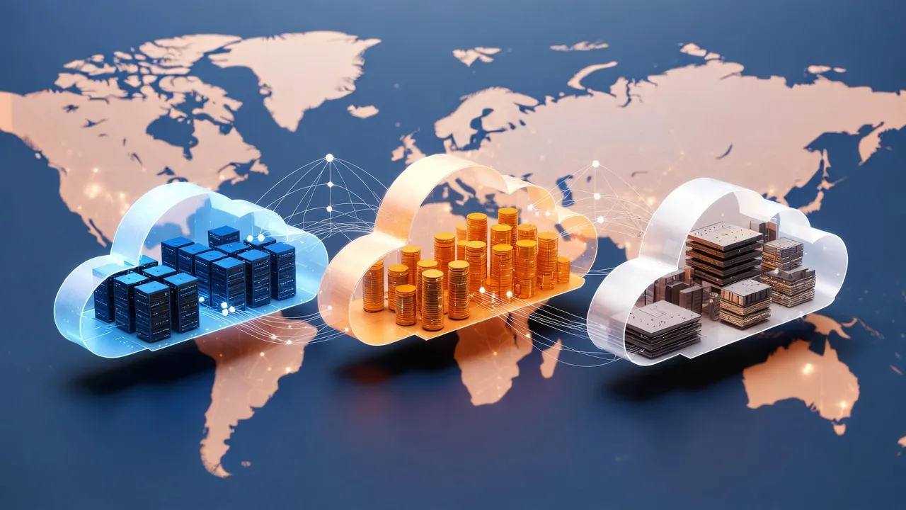 An isometric 3D illustration featuring three different clouds containing server racks and data blocks over a world map.