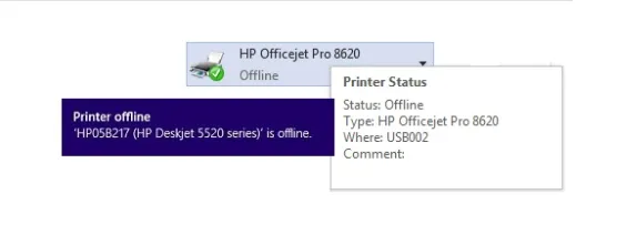 A Windows status notification showing an "HP Officejet Pro 8620" is offline with a detailed "Printer Status" tooltip.