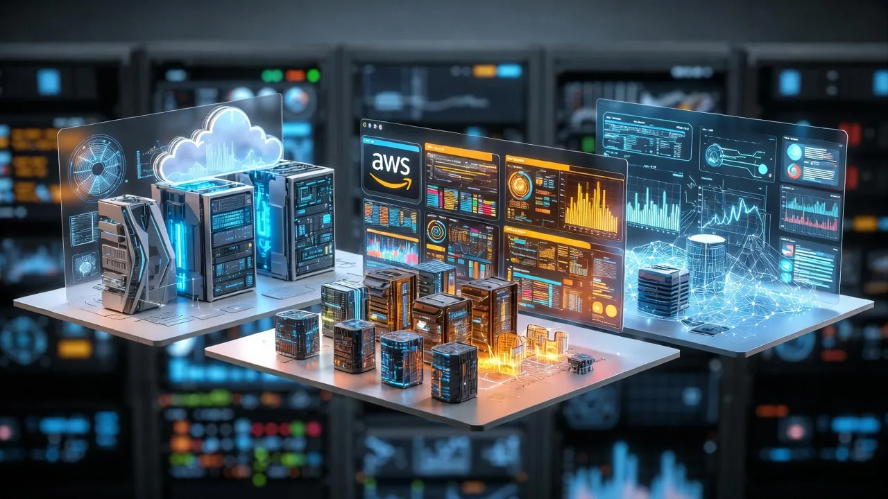 A complex 3D isometric dashboard showing real-time data monitoring for a hybrid cloud environment, featuring an AWS logo, server health metrics, and data visualizations.