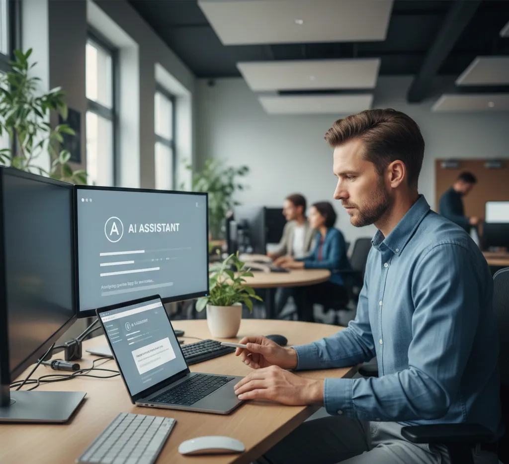 A man in a light blue shirt works at a desk with multiple monitors in a modern open-plan office.