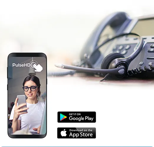 A smartphone displaying a mobile app interface next to an office headset and VoIP phone, featuring Google Play and App Store download badges.
