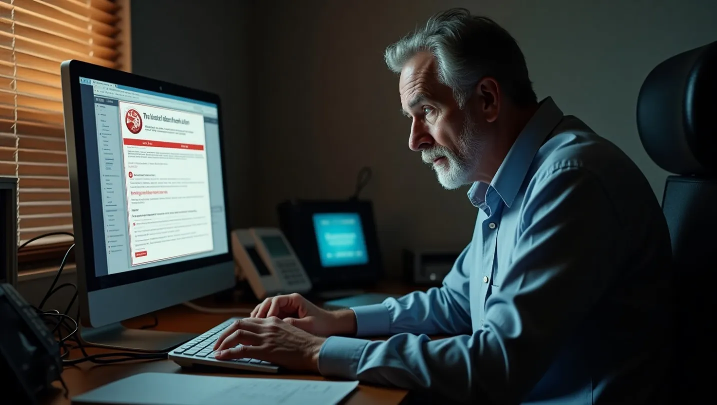 An older man with grey hair focused on a computer screen displaying a detailed document in a home office.