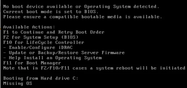 A black computer screen displaying text errors including "No boot device available" and "Missing OS."