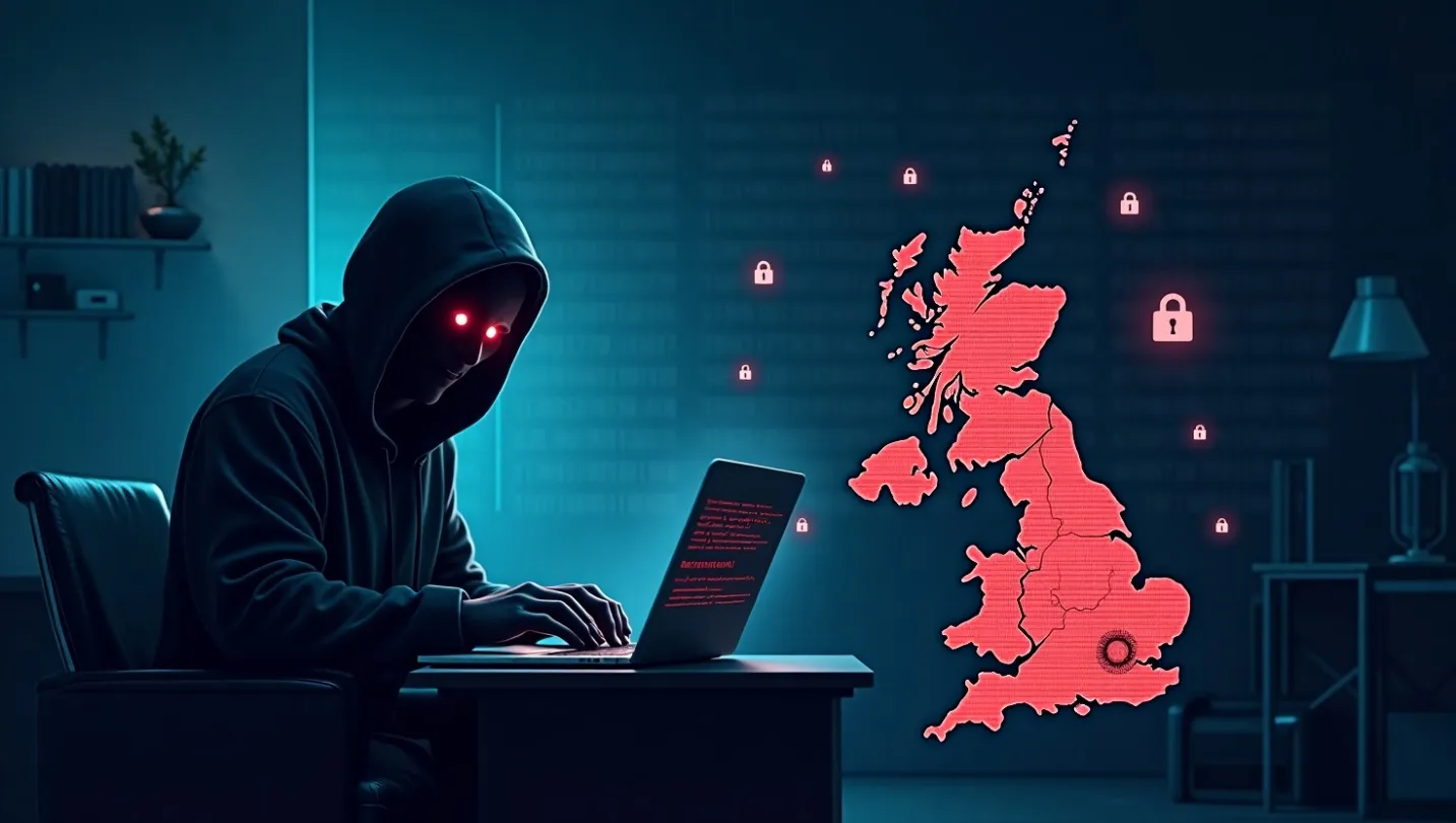 A hooded hacker with red eyes working at a laptop next to a red digital map of the UK.