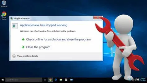 A Windows error message stating "Application.exe has stopped working" next to a white 3D character holding a large red wrench.