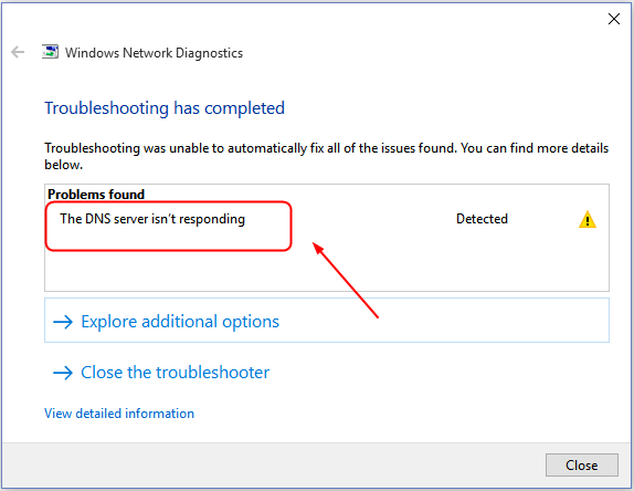 A Windows Network Diagnostics window showing a completed troubleshooting report with the error "The DNS server isn't responding."