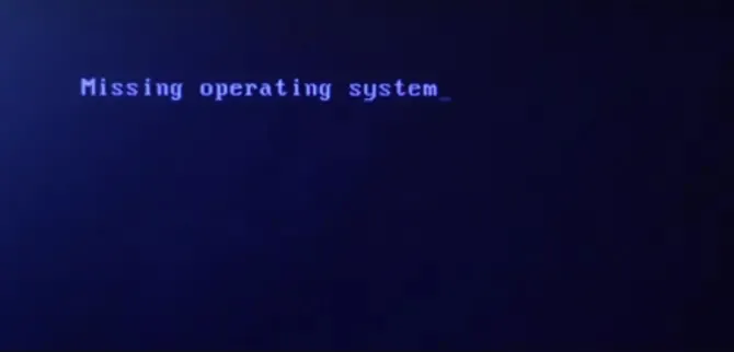 A dark blue screen with a simple text message stating "Missing operating system_" and a flashing cursor.