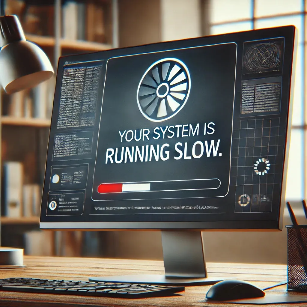 A computer monitor displaying a warning graphic that reads "YOUR SYSTEM IS RUNNING SLOW" with a red progress bar and a fan icon.